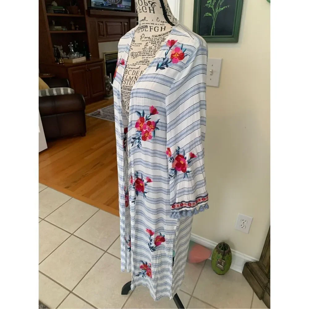 Altar'd State Blue Striped Embroidered Floral Boho Kimono Duster Cardigan